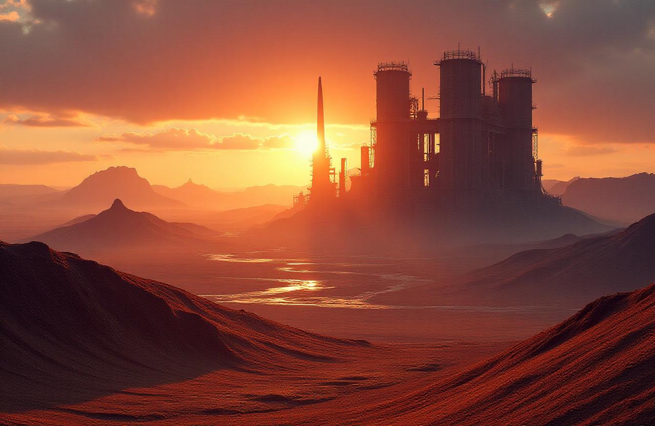 Vast desert industrial complex at golden hour