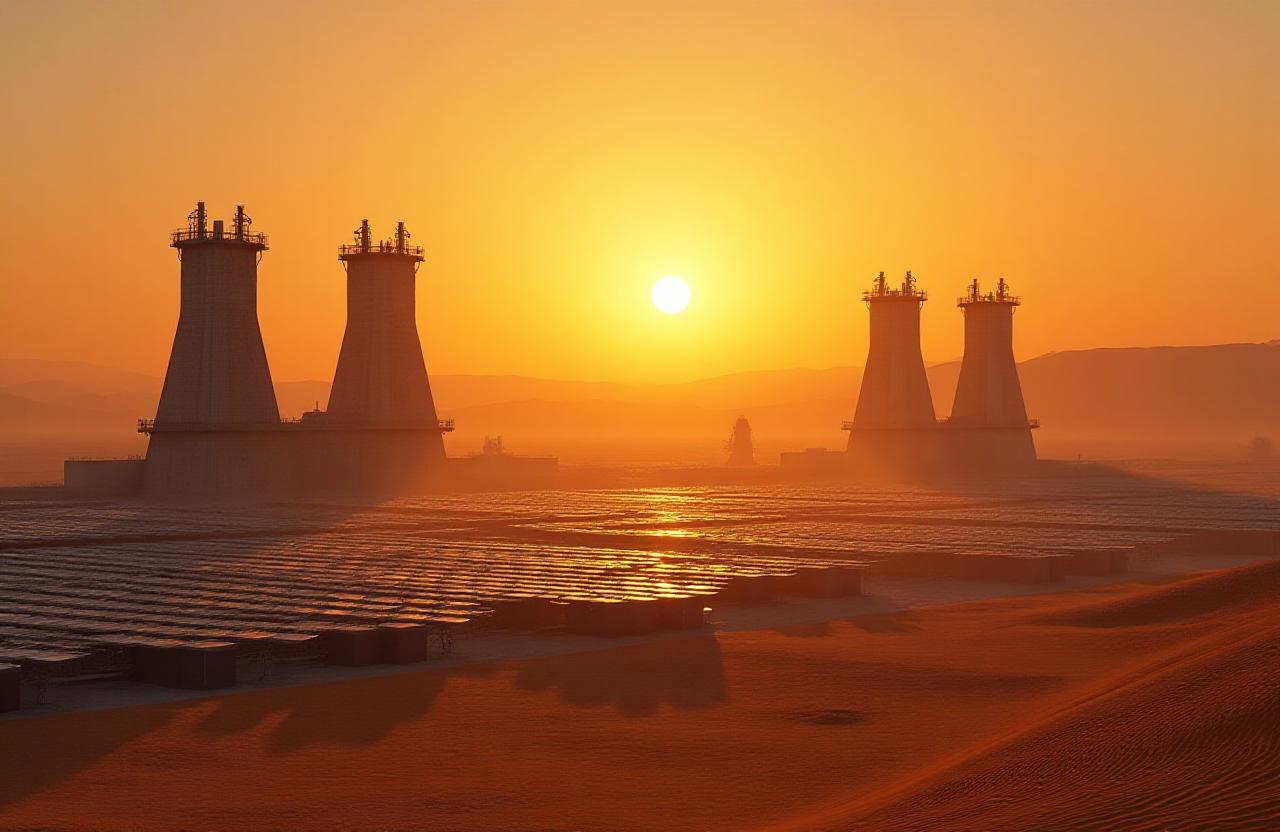 Futuristic sustainable industrial plant in a desert environment